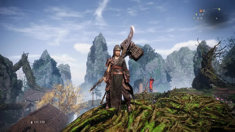 Anime-style warrior with large weapon stands on mossy hill, fantasy landscape, BlacksmithSONG collectible theme.