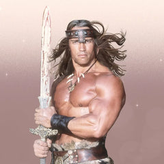 Muscular warrior holding ornate sword, wearing headband and fur, fantasy cosplay style
