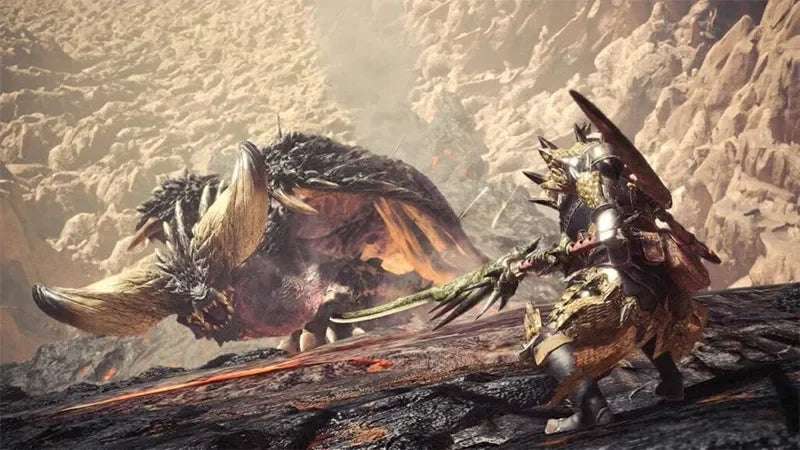 Anime-style warrior in golden armor faces horned beast with fantasy sword on rocky terrain