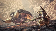 Anime-style warrior in golden armor faces horned beast with fantasy sword on rocky terrain