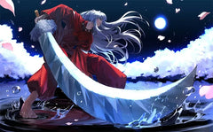 Anime warrior with long silver hair holding large curved zinc alloy sword, moonlit night scene, collectible replica for display or cosplay from BlacksmithSONG.