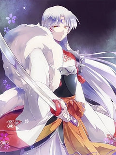 Anime-style character with long white hair and sword, wearing samurai armor and kimono, floral background