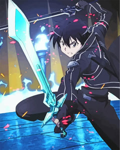 Anime-style character wielding two swords, featuring glowing blue zinc alloy replica, for collectibles and cosplay display.