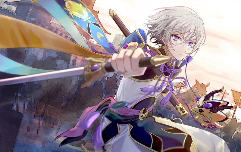 Anime-style warrior with silver hair and sword, detailed outfit, colorful ribbons, collectible display.