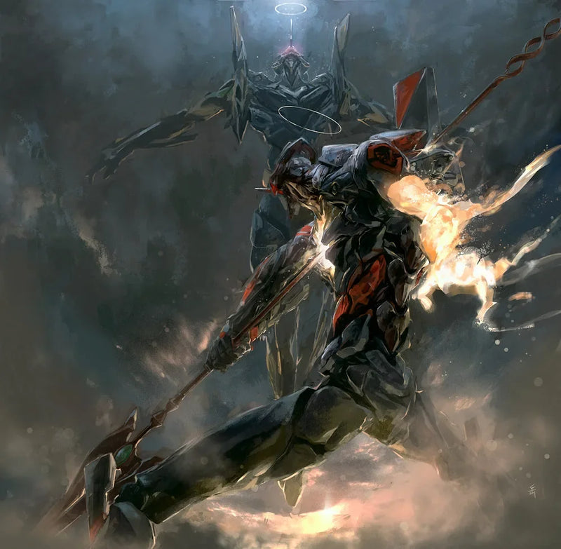 Anime-style mecha robots in battle with glowing weapons, dynamic action scene, BlacksmithSONG collectible art.