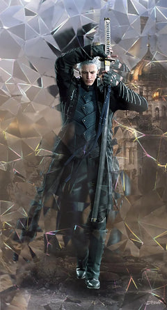 Anime-style white-haired swordsman in black coat holding katana, crystal and cathedral backdrop