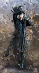 Anime-style white-haired swordsman in black coat holding katana, crystal and cathedral backdrop