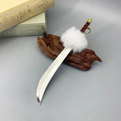 Anime-style zinc alloy sword replica with white fur pommel on wood display, collectible gift