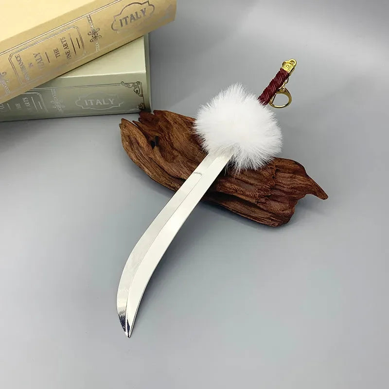 Anime-style zinc alloy sword replica with white fur pommel on wood display, collectible gift
