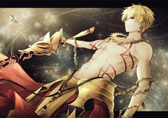 Anime-style blonde male character in gold armor with red markings, fantasy setting, BlacksmithSONG collectible display figure.