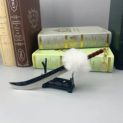 Anime-style zinc alloy sword replica with fur pom pom on display stand, collectible decor.