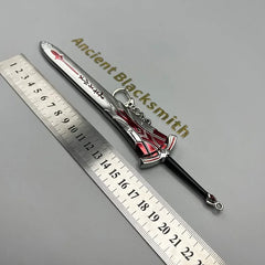 Anime-style zinc alloy sword replica keychain, red silver design, ruler for scale, BlacksmithSONG collectible.