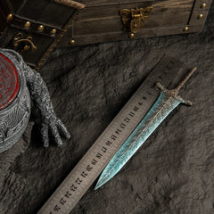 1:6 scale anime-style zinc alloy sword replica with ruler, wooden chest, and fantasy decor