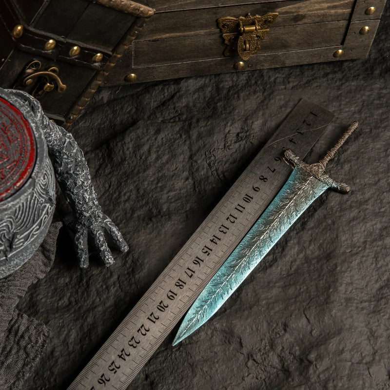 1:6 scale anime-style zinc alloy sword replica with ruler, wooden chest, and fantasy decor