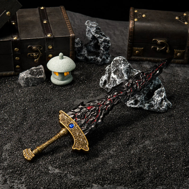 Full view of Maliketh's Black Blade replica, highlighting the gold hilt and dark jagged blade on a dark textured background.
