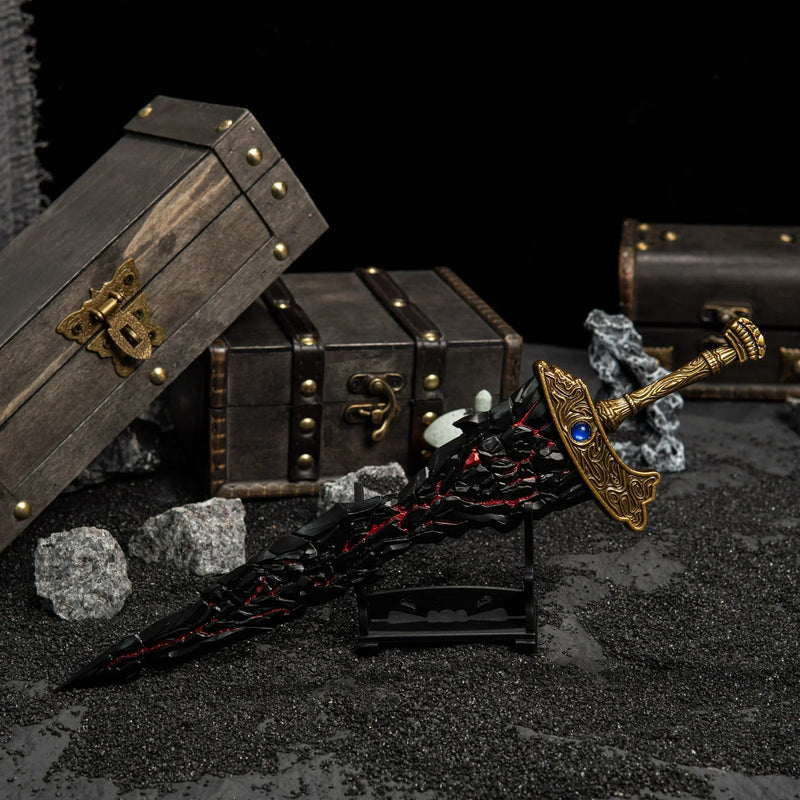 Ready for the shelf. The black stand matches the blade's dark aesthetic.
