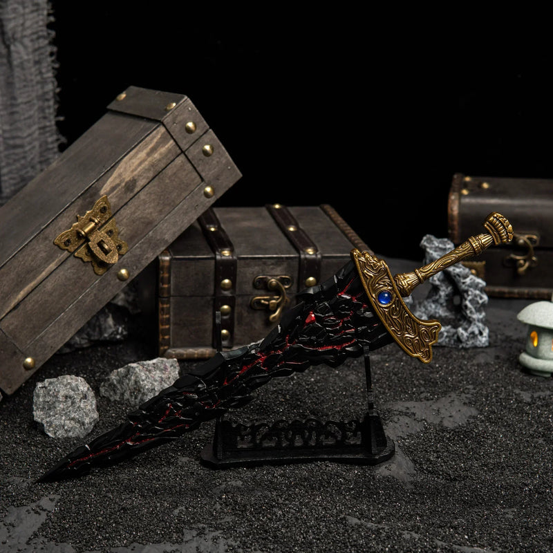 Bring the dread of Farum Azula to your gaming setup. ?? This Maliketh's Black Blade metal replica looks imposing on a custom display stand. The black and gold design with red accents makes it a centerpiece Elden Ring decoration for any Strength/Faith build. - Medium display stand