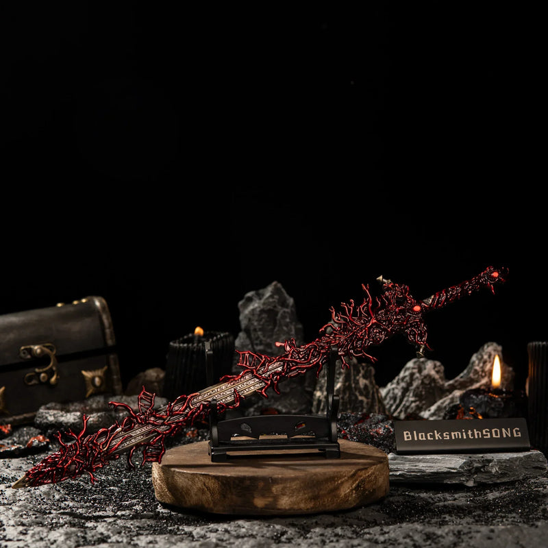 Level up your gaming room decor with this insane Blasphemous Blade replica. ?? Displayed on a custom stand, this Elden Ring weapon brings the dark aesthetic of Rykard and the Volcano Manor straight to your desk. The perfect gift for gamers looking for unique metal art and desk accessories.