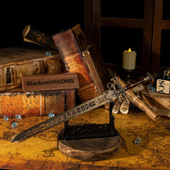 Bring the secrets of Carian Manor to your desk. ???? This Sword of Night and Flame metal replica looks incredible displayed on an ancient map background. The detailed craftsmanship makes it the perfect centerpiece for any Elden Ring fan's gaming setup or fantasy collection.-Large display rack