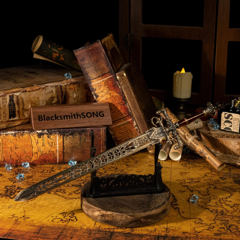 Bring the secrets of Carian Manor to your desk. ???? This Sword of Night and Flame metal replica looks incredible displayed on an ancient map background. The detailed craftsmanship makes it the perfect centerpiece for any Elden Ring fan's gaming setup or fantasy collection.-Large display rack