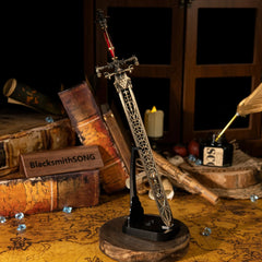 Bring the secrets of Carian Manor to your desk. ???? This Sword of Night and Flame metal replica looks incredible displayed on an ancient map background. The detailed craftsmanship makes it the perfect centerpiece for any Elden Ring fan's gaming setup or fantasy collection.-Vertical display rack