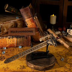 Bring the secrets of Carian Manor to your desk. ???? This Sword of Night and Flame metal replica looks incredible displayed on an ancient map background. The detailed craftsmanship makes it the perfect centerpiece for any Elden Ring fan's gaming setup or fantasy collection.-Small display stand