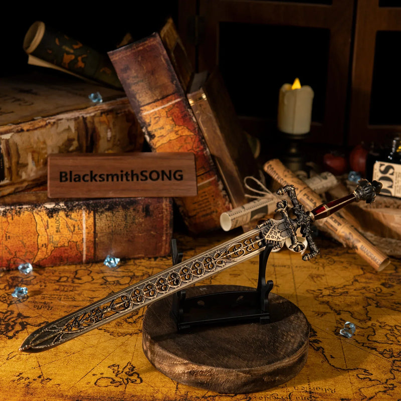 Bring the secrets of Carian Manor to your desk. ???? This Sword of Night and Flame metal replica looks incredible displayed on an ancient map background. The detailed craftsmanship makes it the perfect centerpiece for any Elden Ring fan's gaming setup or fantasy collection.-Small display stand