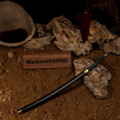 BlacksmithSONG 1:6 anime-style katana replica on rocks and soil display