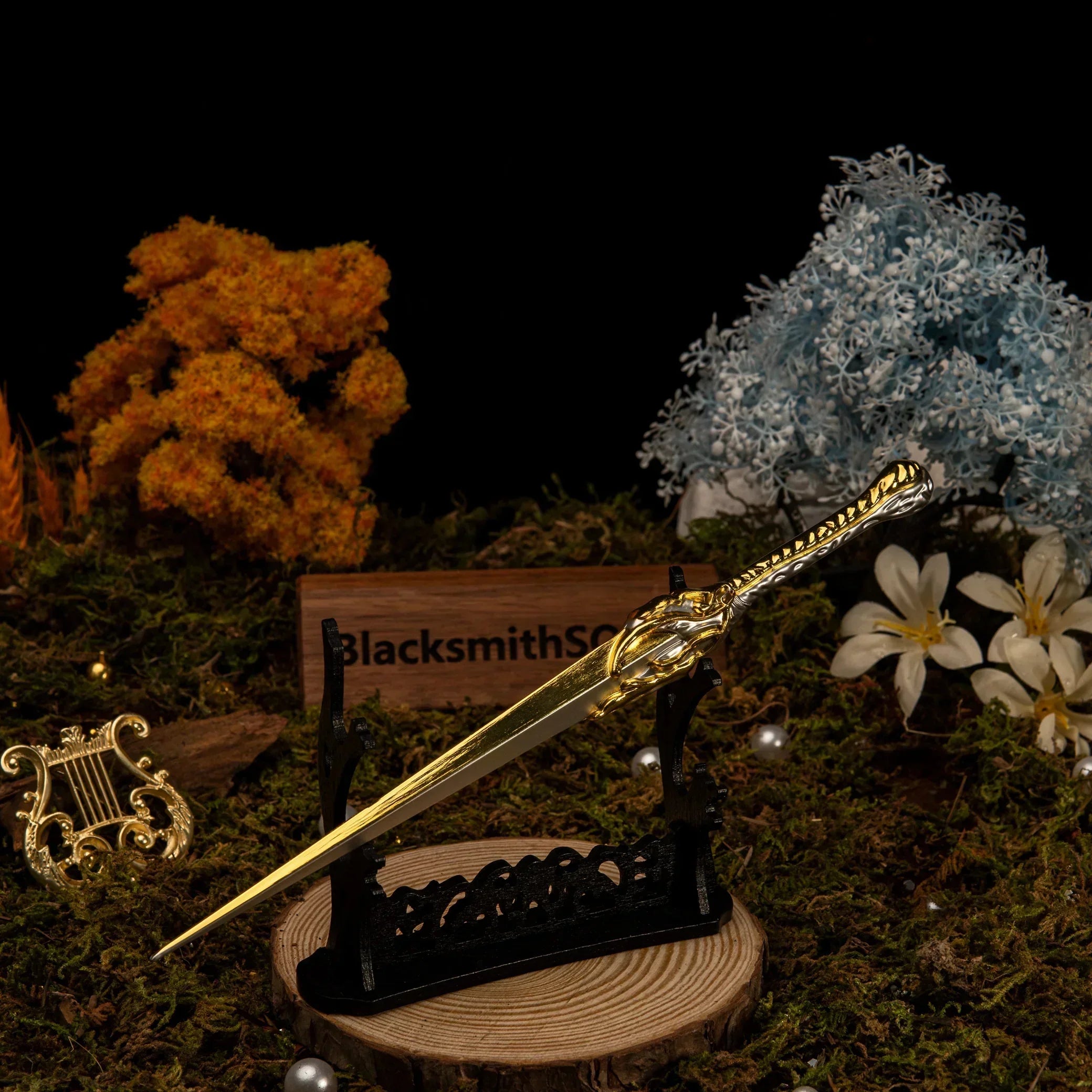 Anime-style gold zinc alloy sword replica on display stand, BlacksmithSONG collectible