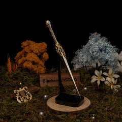 Anime-style zinc alloy collectible sword replica on stand, BlacksmithSONG display, floral decor
