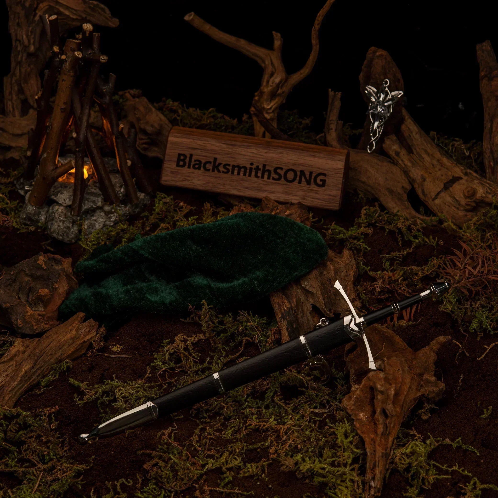 BlacksmithSONG 1:6 anime-style sword replica with sheath, displayed on mossy ground near a campfire and sign.