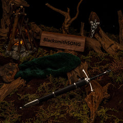 BlacksmithSONG 1:6 anime-style sword replica with sheath, displayed on mossy ground near a campfire and sign.