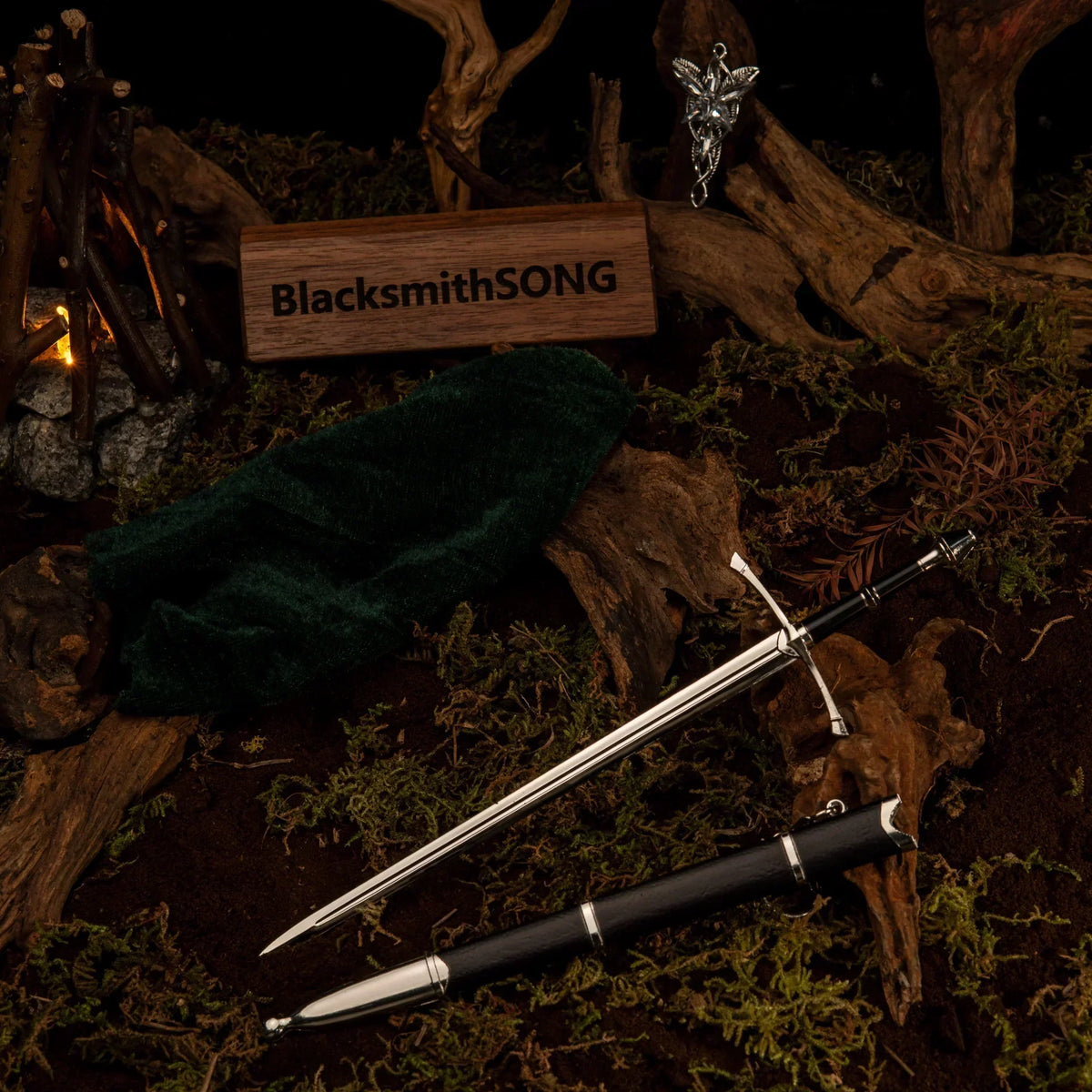 Anime-style 1:6 zinc alloy sword replica with sheath, forest setting, BlacksmithSONG sign