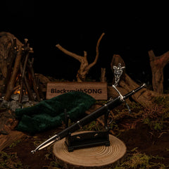 BlacksmithSONG 1:6 anime-style zinc alloy sword replica on wooden display with campfire backdrop