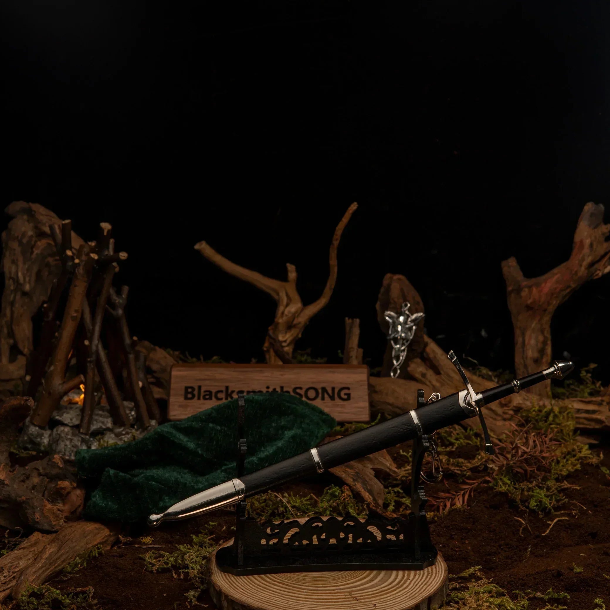 1:6 anime-style sword replica in black scabbard on display stand, BlacksmithSONG sign, rustic background