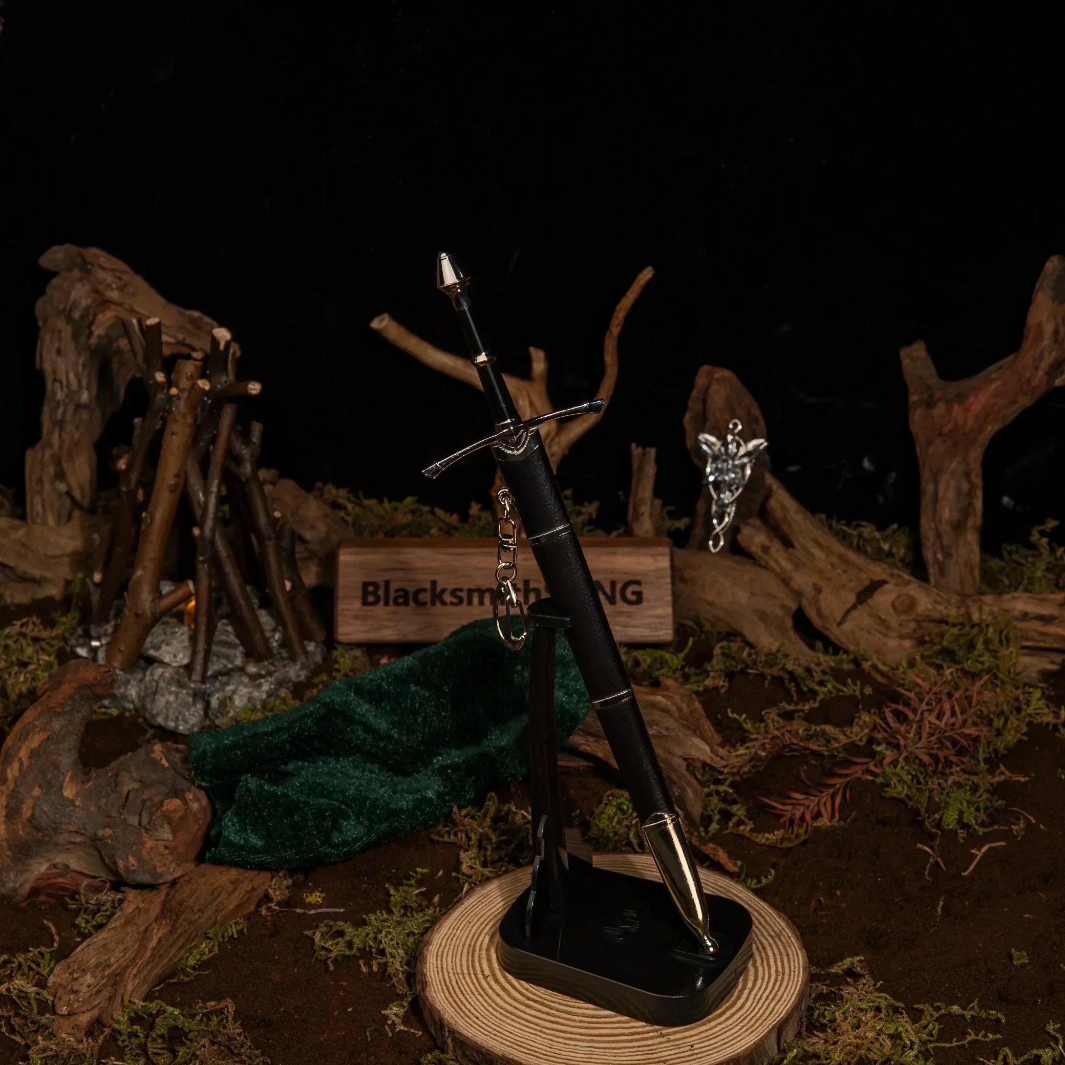 1:6 scale anime-style black sword replica on stand, BlacksmithSONG display background, collectible weapon.