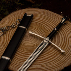 1:6 scale anime-style black zinc alloy sword collectible with sheath on wood slice