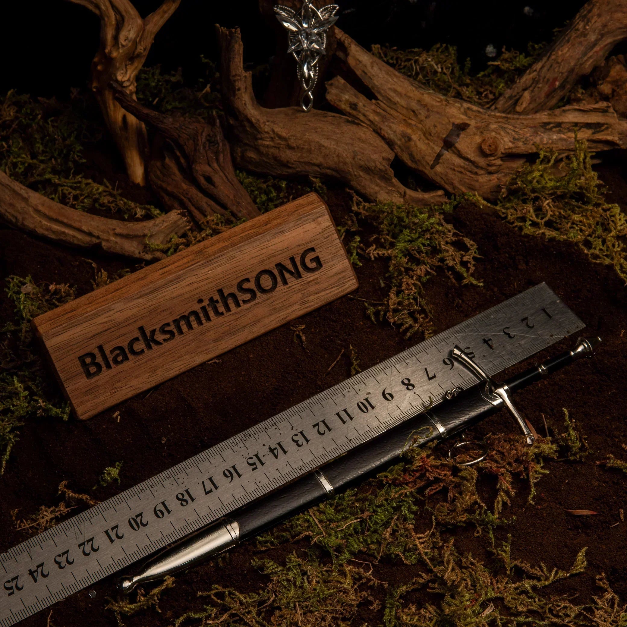 BlacksmithSONG 1:6 anime-style zinc alloy sword replica with metal ruler on mossy wood background