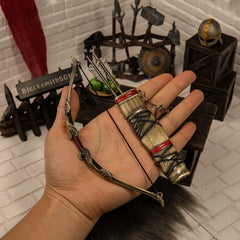 Aesir Bow replica (18cm die-cast zinc alloy bow) — held in hand for scale.