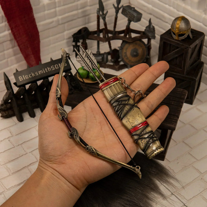Aesir Bow replica (18cm die-cast zinc alloy bow) — held in hand for scale.