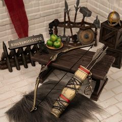 Aesir Bow replica — alternate angle in the handcrafted Asgard diorama.