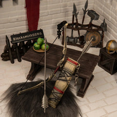 Aesir Bow replica (18cm die-cast zinc alloy bow) — hero shot against Asgard's white-brick wall, by BlacksmithSONG.