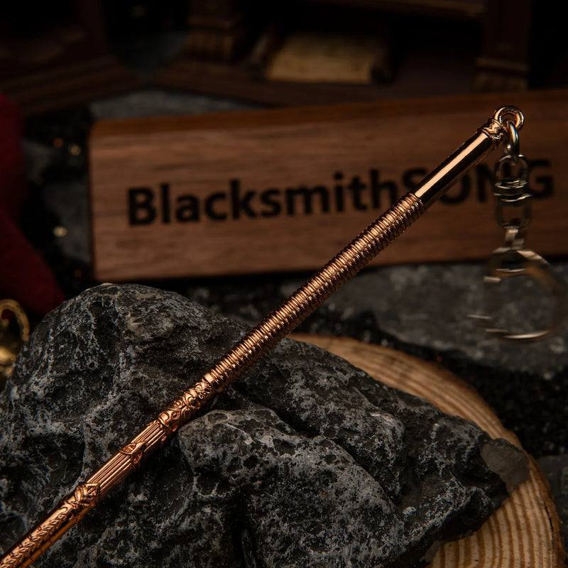 Gungnir replica — shaft spiral-ridge texture and ring detail, close-up.
