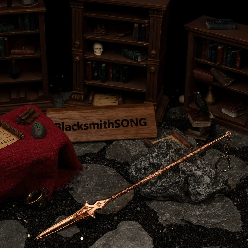 Gungnir replica — alternate angle in the handcrafted study diorama.