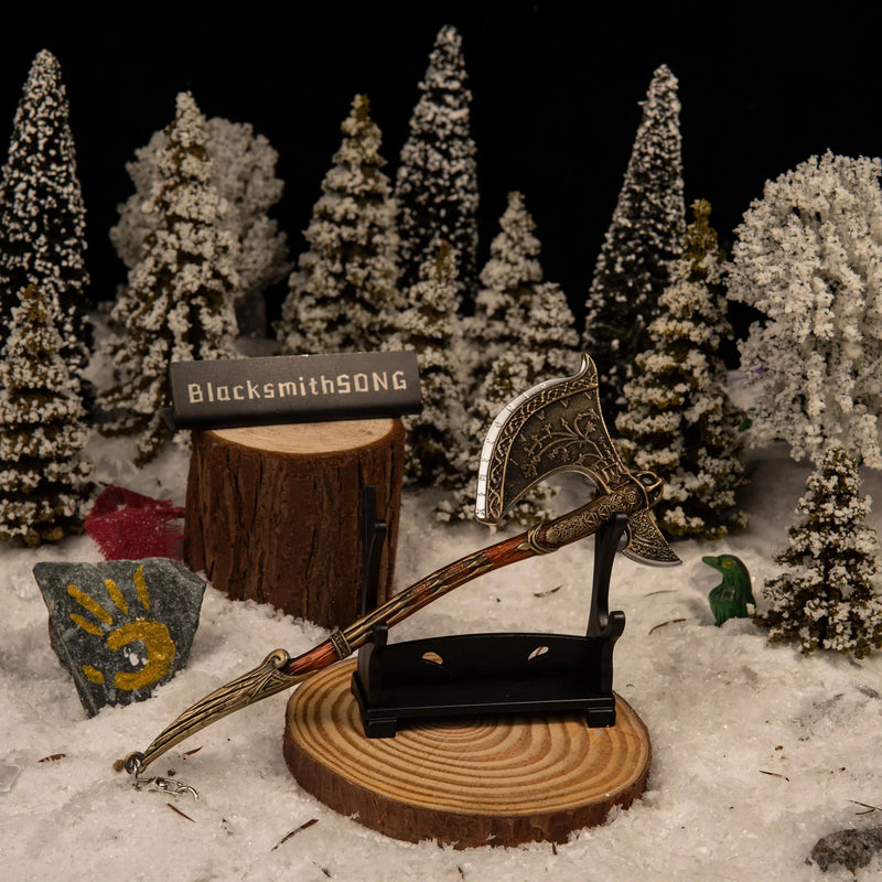 Leviathan Axe replica — small stand display, second angle in the pine forest set.