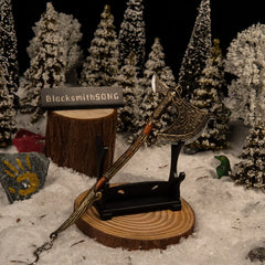 Leviathan Axe replica — displayed on the small stand beside the gold handprint stone.