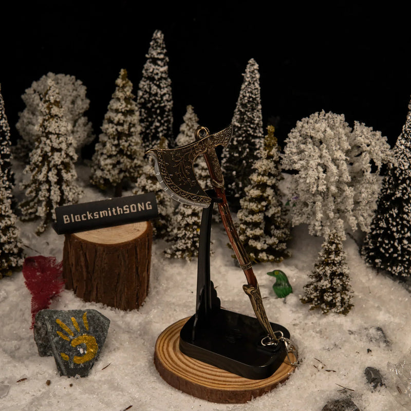 Leviathan Axe replica — standing upright on the vertical stand.