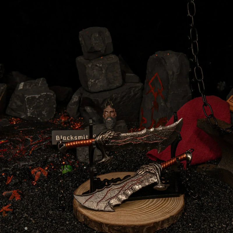 Blades of Chaos replica — large stand display, second angle against the red cloth backdrop.