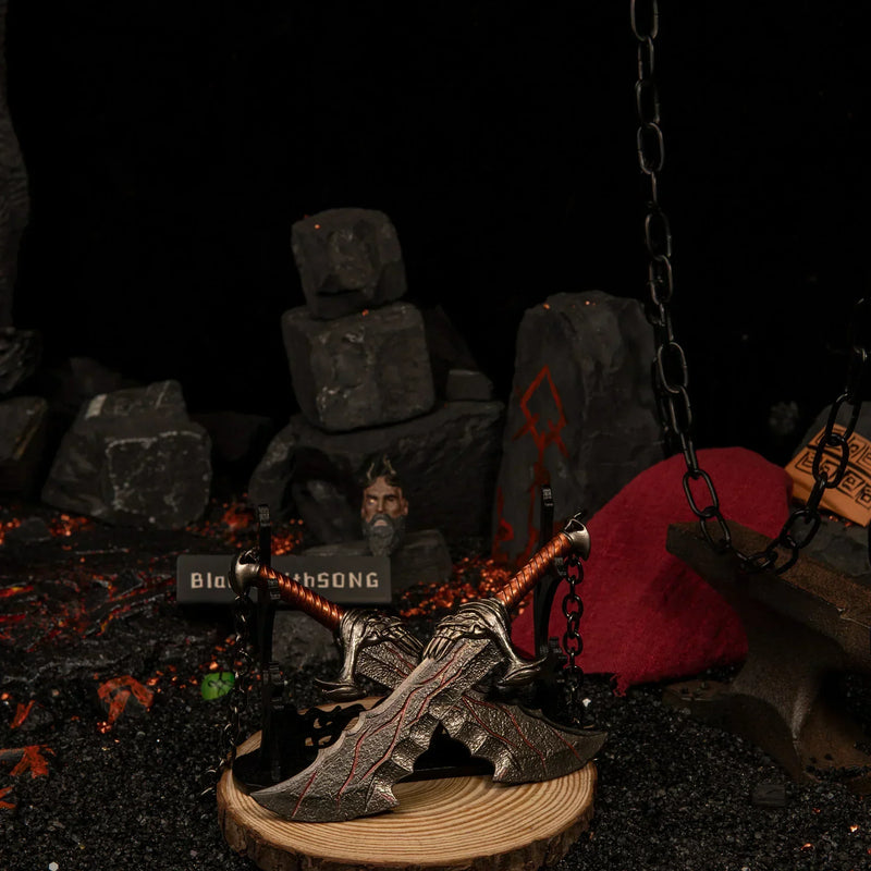 Blades of Chaos replica — displayed on the large stand inside the handcrafted lava set.