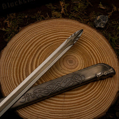 Thrungva replica — scabbard knotwork and bird-head finial close-up.
